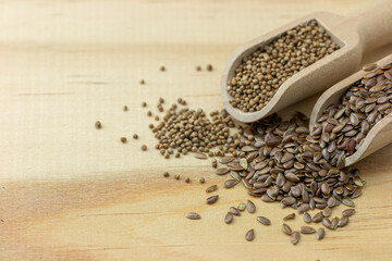 super food : perilla seed and flaxseed in wooden spoon 