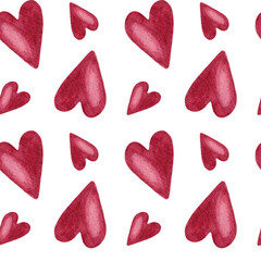Seamless pattern with dark red hearts on white background, hand painted watercolor illustration