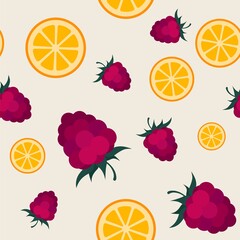 Vector seamless pattern with raspberry icons with a stem and round lemon slices on a pastel background. Flat minimalistic illustration for packaging design of juice, jam, fruit puree, jelly, textile.