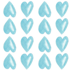 Fototapeta na wymiar Seamless pattern with light blue hearts on white background, hand painted watercolor illustration