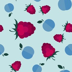Vector seamless pattern with icons of plums, raspberries with leaves on a pastel blue background. Flat minimalistic illustration. Artwork for packaging design of juice, baby food, jam, textiles.
