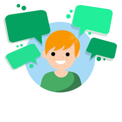 Fototapeta premium Young man and chat. Avatar of the boy in the circle for the app. Flat cartoon Cloud text bubble dialog. Conversation and Talk.