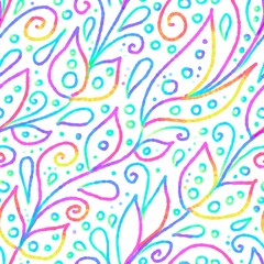 Hand-drawn colorful abstract floral seamless pattern. Multi colored texture on white background consists of leaves, circles, dots, swirls and drops. Colors are yellow, blue and violet.