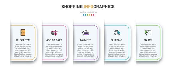 Concept of shopping process with 5 successive steps. Five colorful graphic elements. Timeline design for brochure, presentation, web site. Infographic design layout.