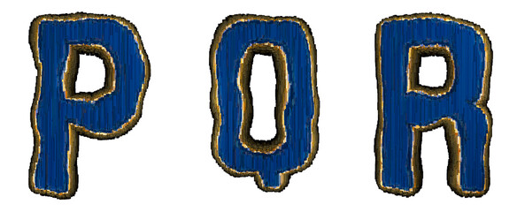 Set of alphabet letters P, Q, R made of industrial metal blue color. Isolated white background. 3d