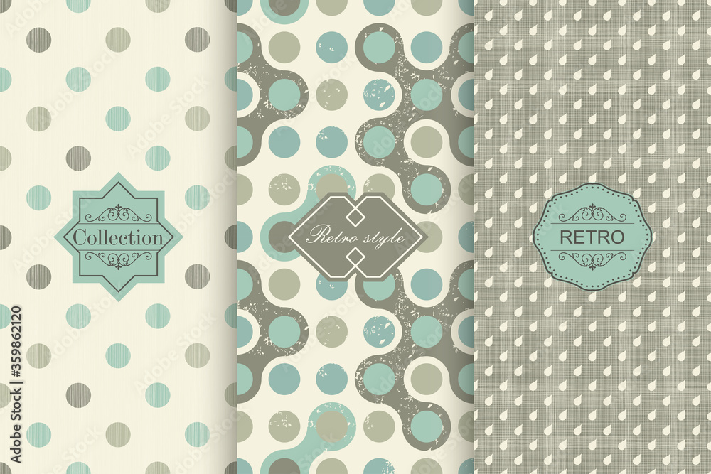 Poster Set of seamless hand drawn texture design for backgrounds, business cards, web design. Abstract retro seamless patterns in polka dot. Vintage design of background with frame. Vector