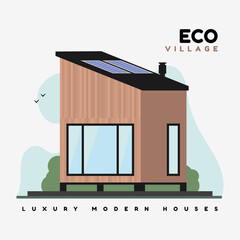 Eco village vector flat illustration. Luxurious modern houses with smart energy on solar panels.