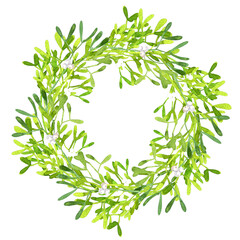 Christmas wreath. Ornaments from the branches painted with watercolors on white background. Branches of trees. 