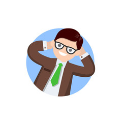 Successful businessman in suit. Gesture with hands behind head. Happy man in tie. Business and joy icon. Cartoon flat illustration isolated on white. Stay on job