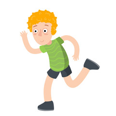 Red hair boy run. Man in green clothes and shorts on the move. Funny kid. Children drawing and sports activity. Cartoon flat illustration isolated on white