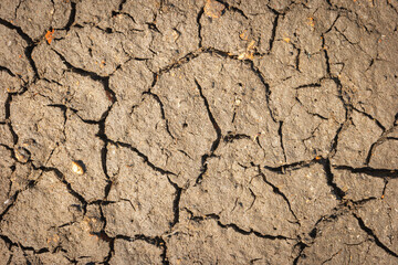 Part of a huge area dried land suffering from drought - in cracks. Dry water reservoir. Natural drought concept