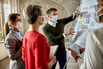 Male entrepreneur explaining business strategy to his team during coronavirus pandemic.