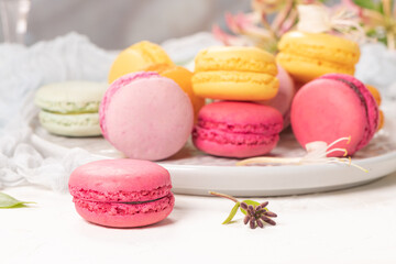 Colorful french macaroon cakes. Macaroons with jasmine flowers on white table background. Selective focus