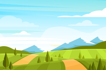 Vector illustration of field landscape with hills, valley, forest, trees, dales and mountains on the horizon. Summer green rural landscape with beautiful view.