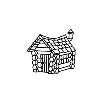 Small crooked log cabin vector line icon