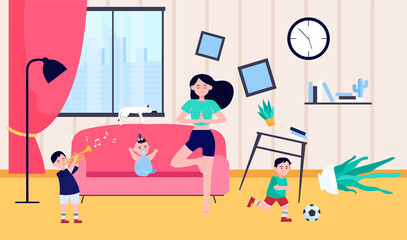 Calm mother doing yoga among naughty kids. Children making chaos while mom meditating at home. Vector illustration for motherhood, childhood, stress relief concept