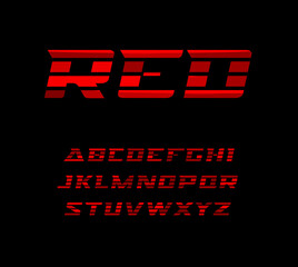 Red sports font. Wide letters with dynamical horizontal stripes. Vector alphabet characters for sport and racing. Modern typography design.