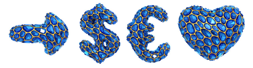 Symbol collection arrow, dollar, euro, heart made of 3d render blue diamond.