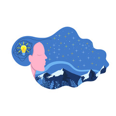 
Modern flat character. Woman with a dream of nature. Creative dream. The idea in a dream. Woman character in a dream. Concept in flat color graphics. Vector illustration