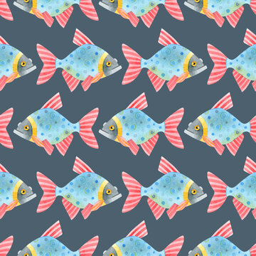 Watercolor seamless pattern of fish. Cute funny carp fish (karps, crucians). Hand drawn texture of an ornament on a grey background. Ideal for textiles, packaging, wallpaper, websites, cards.