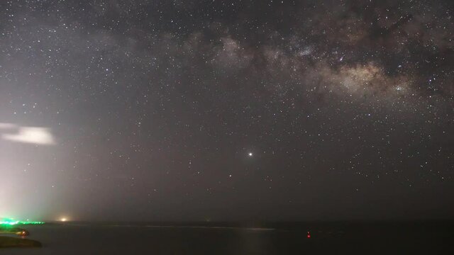 Okinawa,Japan-June 22, 2020: The milky way observed at Miyakojima island in Okinawa, Japan. The blinking light coming from Higashi henna zaki lighthouse.
