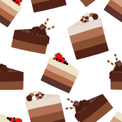 Seamless pattern chocolate cakes with cream and berries vector food illustration.