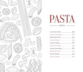 Pasta Menu Template, Traditional Italian Cuisine Dish Restaurant and Cafe Menu Hand Drawn Vector Illustration