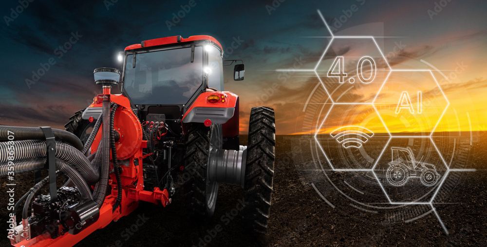 Aufkleber Autonomous tractor with artificial intelligence. Digitalization and digital transformation in agriculture 4.0. Smart farming 