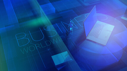 3D background with laptop on Business Worldwide topic.