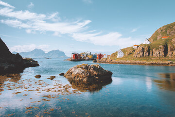 Norway landscape Nyksund traditional village wooden houses and sea with mountains scandinavian...