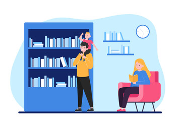 People reading and choosing books. Shelf, kid, family flat vector illustration. Hobby and home library concept for banner, website design or landing web page