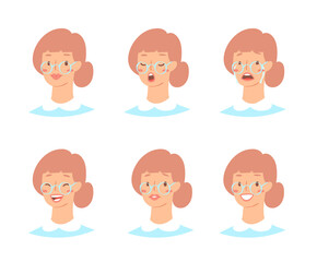 Cartoon set of European woman emoticons. Emotion female icons. Isolated girl avatars with different facial expressions. Vector illustration of emotional faces for stickers, web, social network account