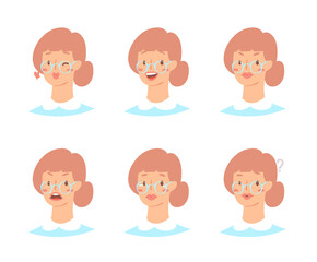 Cartoon set of European woman emoticons. Emotion female icons. Isolated girl avatars with different facial expressions. Vector illustration of emotional faces for stickers, web, social network account