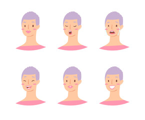 Cartoon set of European woman emoticons. Emotion female icons. Isolated girl avatars with different facial expressions. Vector illustration of emotional faces for stickers, web, social network account