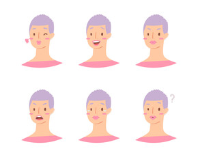 Cartoon set of European woman emoticons. Emotion female icons. Isolated girl avatars with different facial expressions. Vector illustration of emotional faces for stickers, web, social network account