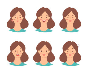 Cartoon set of European woman emoticons. Emotion female icons. Isolated girl avatars with different facial expressions. Vector illustration of emotional faces for stickers, web, social network account