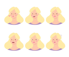 Cartoon set of European woman emoticons. Emotion female icons. Isolated girl avatars with different facial expressions. Vector illustration of emotional faces for stickers, web, social network account