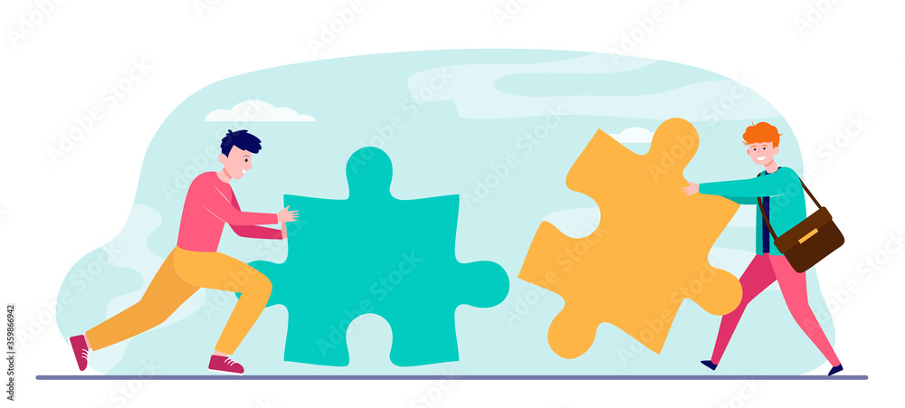 Wall mural young men with big puzzle pieces. help, together, coworking flat vector illustration. teamwork and f