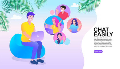 A man on a beanbag has a video call on his laptop, illustrating the digital nomad lifestyle. He chats easily with a remote team or friends, showing communication from a tropical vacation spot.