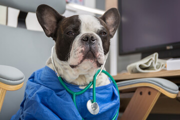 French bulldog as a medicine doctor with a stetoscope at the doctor office