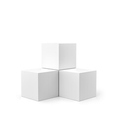 White product display and box pedestal on white background with cube shape. White pedestal or podium background. 3D rendering.