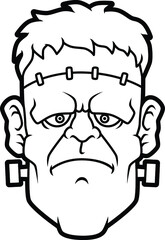 Vector Cartoon Green Frankenstein Monster Head Line Art