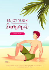 Promo banner or flyer for summer sale with man sitting on the beach. A4 Vector Illustration for special discount offer, advertising, commercial, card, invitation. 