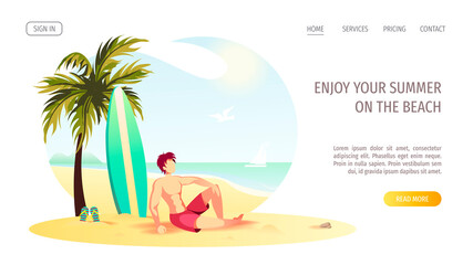 Website design with man sitting on the beach with surfboard and palm. Vector Illustration for Beach Holidays, Summer vacation, Leisure, Recreation, Nature.