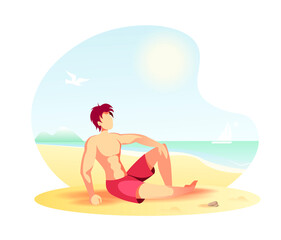 Obraz na płótnie Canvas Man sitting on the beach. Isolated vector Illustration for Beach Holidays, Summer vacation, Leisure, Recreation, Nature.
