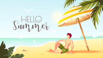 Hello Summer card design with man sunbathing on the beach. Vector Illustration for Beach Holidays, Summer vacation, Leisure, Recreation, Nature.