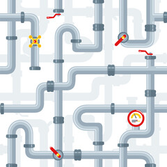 Vector seamless pattern of details ware pipes system in flat style. Set of water tube, plastic pipeline, filtres, gas valve, fittings, plumbing, faucet, sewage. Construction and industrial technology.