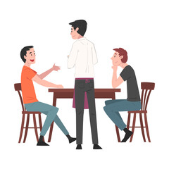 Obraz premium Two Guys Sitting at Table in Cafe and Waiter Serving Them, People Drinking Coffee and Relaxing at Coffeehouse or Coffee Shop Vector Illustration