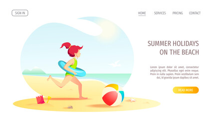 Obraz na płótnie Canvas Website design with girl running on the seashore with rubber ring. Vector Illustration for Beach Holidays, Summer vacation, Leisure, Recreation, Nature, Childhood.