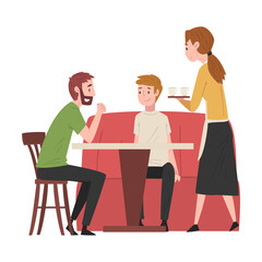 Fototapeta na wymiar Two Male Friends Sitting at Table in Cafe and Waitress Serving Them, People Drinking Coffee and Relaxing at Coffeehouse or Coffee Shop Vector Illustration